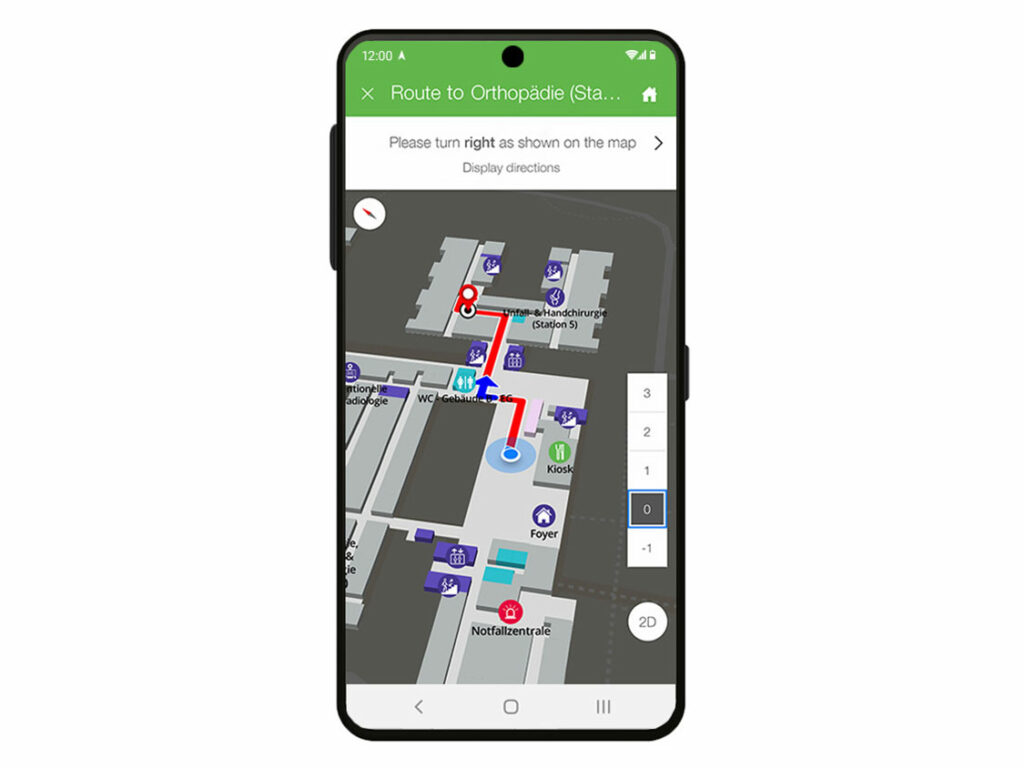 smartphone app showing turn-by-turn indoor navigation