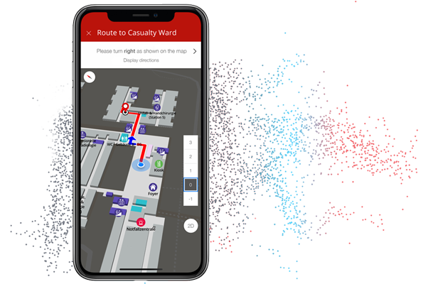 infsoft mobile app showing location and navigation route